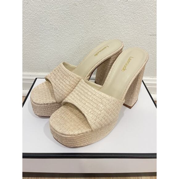 NEW With Box LARROUDE Dolly Slip On Platform High Heel Size 7.5 Raffia Natural - Picture 2 of 8